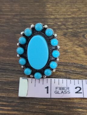 Turquoise Oval Cluster Sterling Silver Statement Ring - Size 7